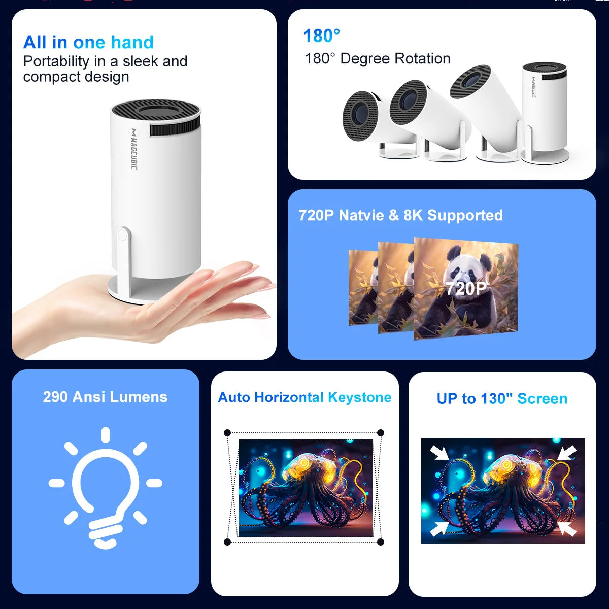 HY300 Pro 8K HD Projector Android14 Dual Wifi6 290ANSI Allwinner H726 BT5.0 1280*720 Home Cinema Outdoor Projetor HY300